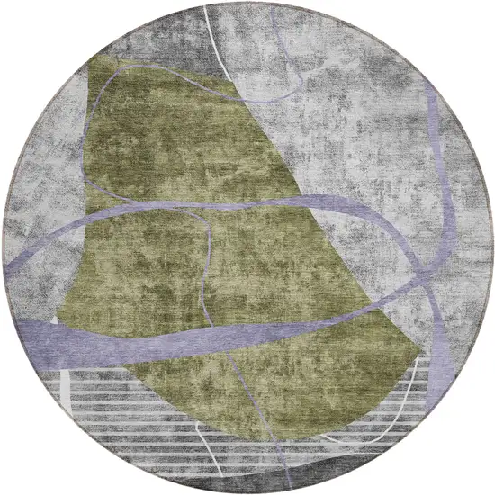 8' Olive Green Gray And Charcoal Round Abstract Washable Indoor Outdoor Area Rug Photo 2