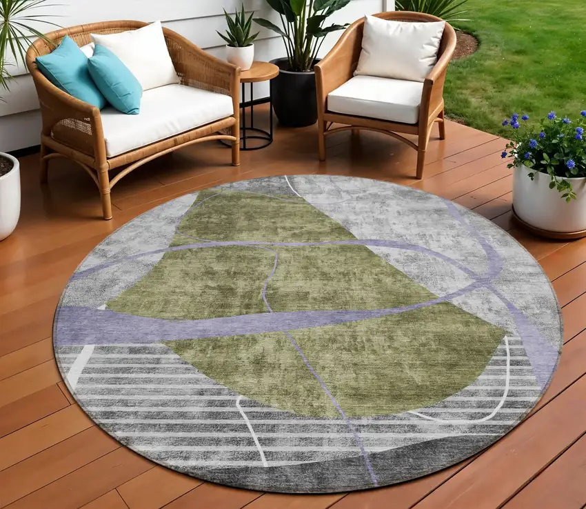8' Olive Green Gray And Charcoal Round Abstract Washable Indoor Outdoor Area Rug Photo 1