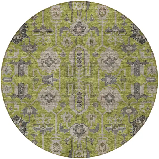 8' Olive Green Gray And Charcoal Round Oriental Washable Indoor Outdoor Area Rug Photo 6