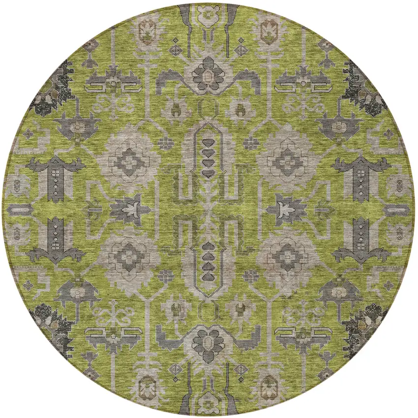 8' Olive Green Gray And Charcoal Round Oriental Washable Indoor Outdoor Area Rug Photo 6