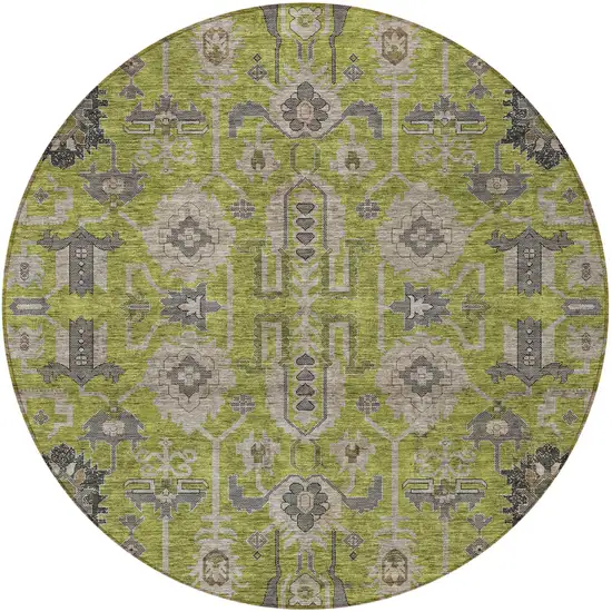 8' Olive Green Gray And Charcoal Round Oriental Washable Indoor Outdoor Area Rug Photo 6