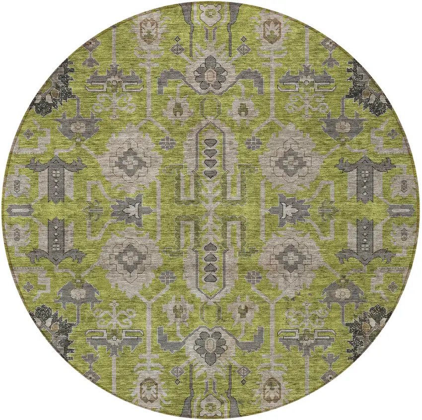 8' Olive Green Gray And Charcoal Round Oriental Washable Indoor Outdoor Area Rug Photo 6