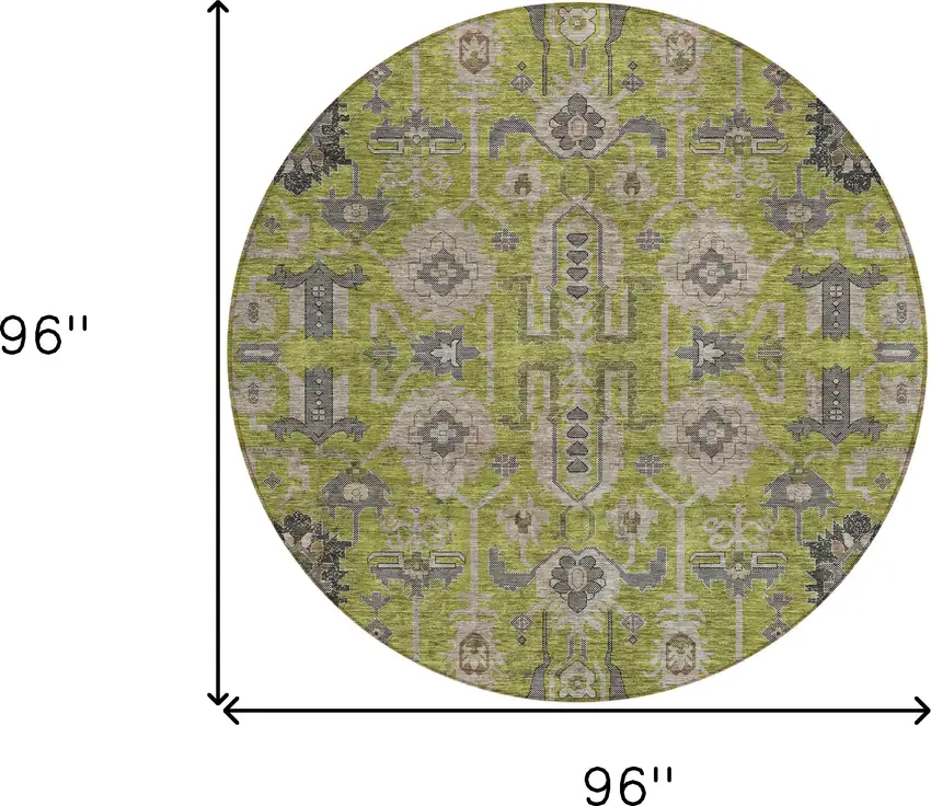 8' Olive Green Gray And Charcoal Round Oriental Washable Indoor Outdoor Area Rug Photo 9