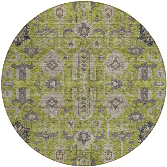 8' Olive Green Gray And Charcoal Round Oriental Washable Indoor Outdoor Area Rug Photo 1