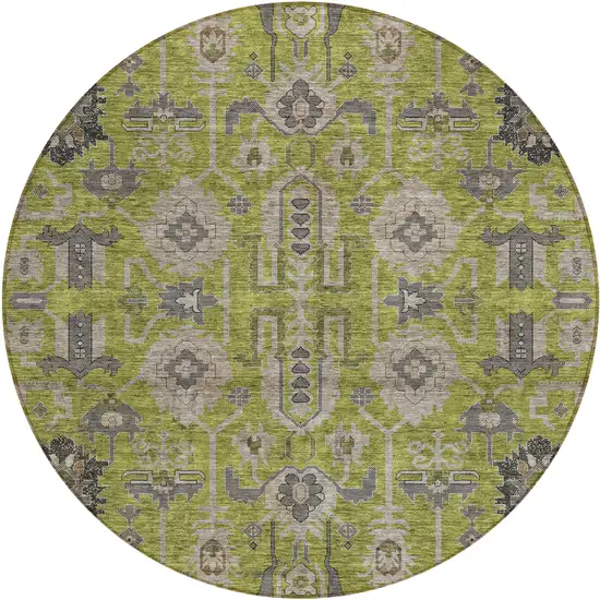 8' Olive Green Gray And Charcoal Round Oriental Washable Indoor Outdoor Area Rug Photo 1