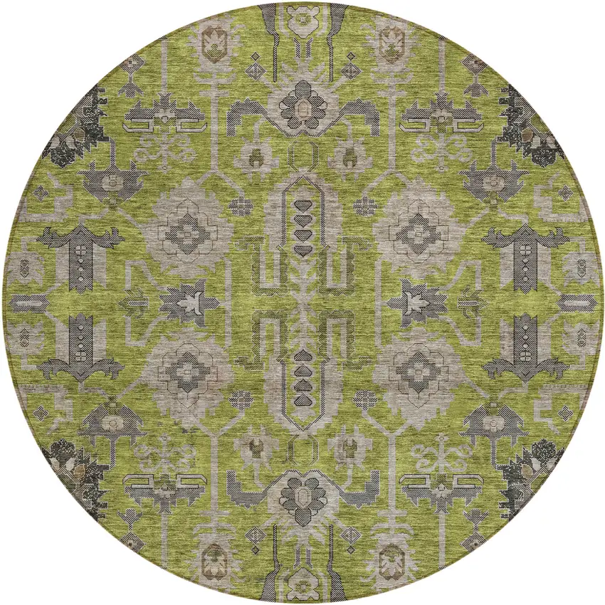 8' Olive Green Gray And Charcoal Round Oriental Washable Indoor Outdoor Area Rug Photo 1