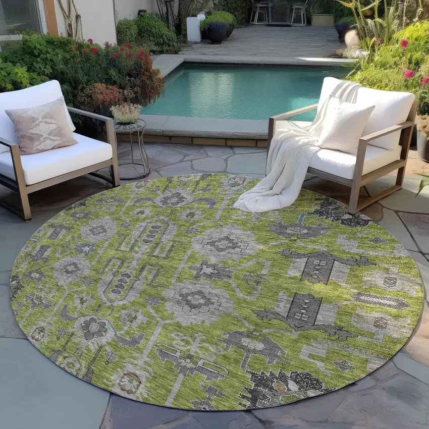 8' Olive Green Gray And Charcoal Round Oriental Washable Indoor Outdoor Area Rug Photo 7