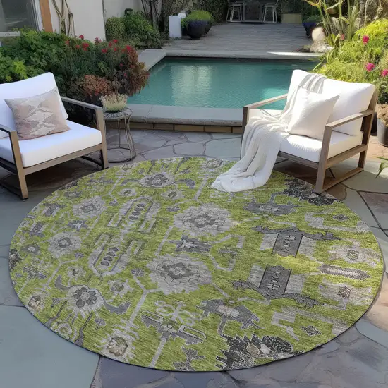 8' Olive Green Gray And Charcoal Round Oriental Washable Indoor Outdoor Area Rug Photo 7