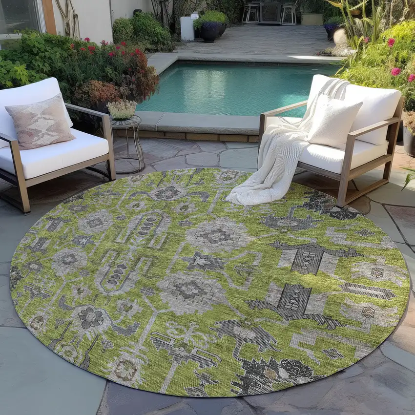 8' Olive Green Gray And Charcoal Round Oriental Washable Indoor Outdoor Area Rug Photo 7