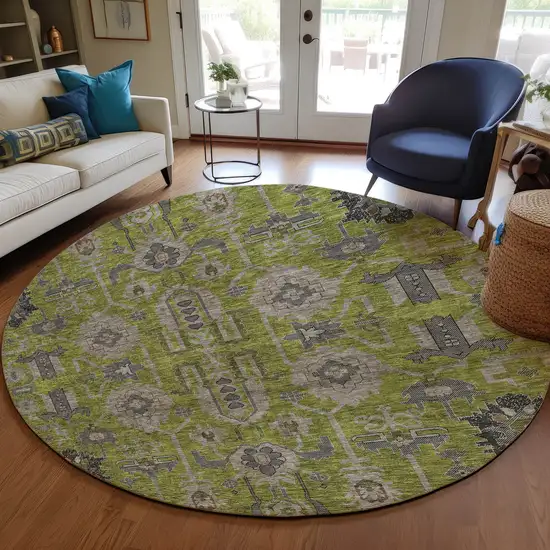 8' Olive Green Gray And Charcoal Round Oriental Washable Indoor Outdoor Area Rug Photo 8