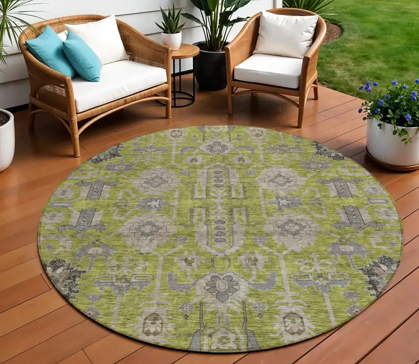 8' Olive Green Gray And Charcoal Round Oriental Washable Indoor Outdoor Area Rug Photo 1