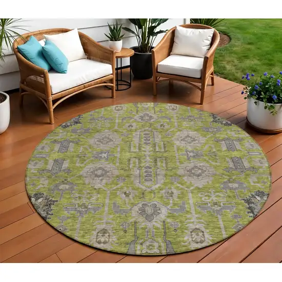 8' Olive Green Gray And Charcoal Round Oriental Washable Indoor Outdoor Area Rug Photo 1
