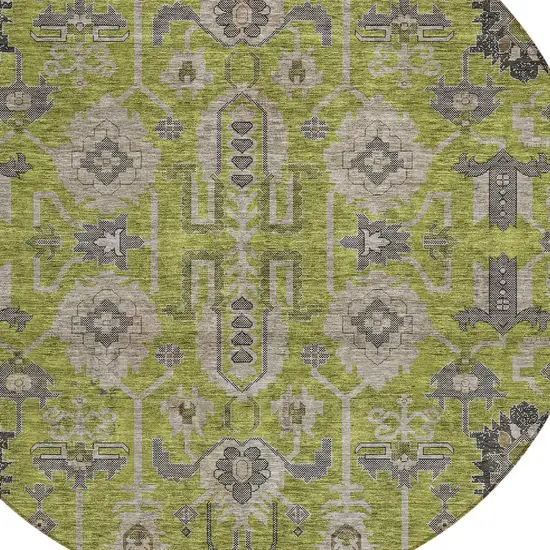8' Olive Green Gray And Charcoal Round Oriental Washable Indoor Outdoor Area Rug Photo 5