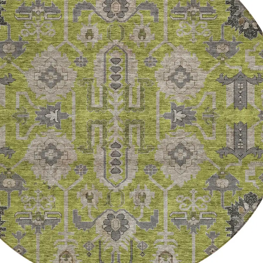8' Olive Green Gray And Charcoal Round Oriental Washable Indoor Outdoor Area Rug Photo 5
