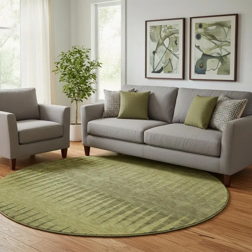 8' Olive Green Gray And Fern Green Striped Washable Round Rug With UV Protection Photo 1