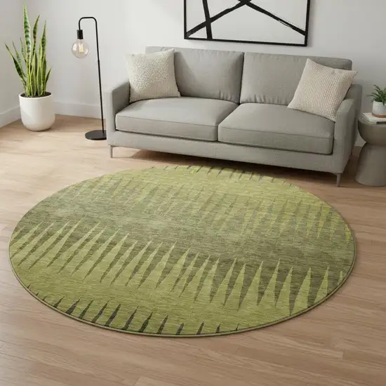 8' Olive Green Gray And Fern Green Striped Washable Round Rug With UV Protection Photo 2