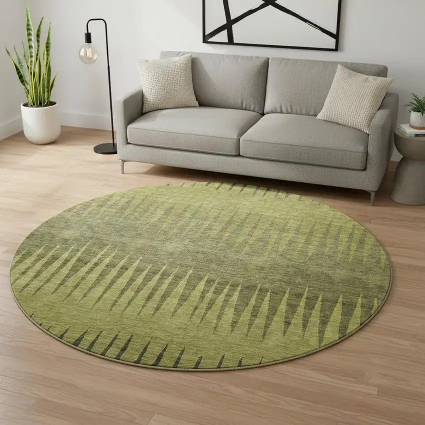 8' Olive Green Gray And Fern Green Striped Washable Round Rug With UV Protection Photo 2