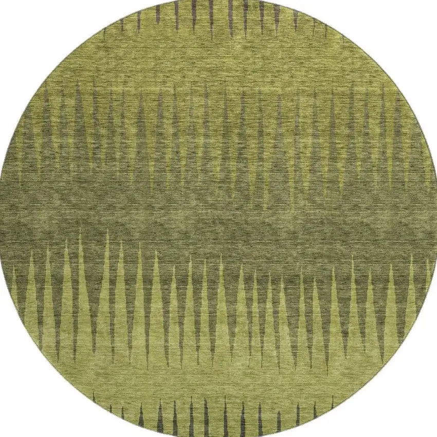 8' Olive Green Gray And Fern Green Striped Washable Round Rug With UV Protection Photo 4