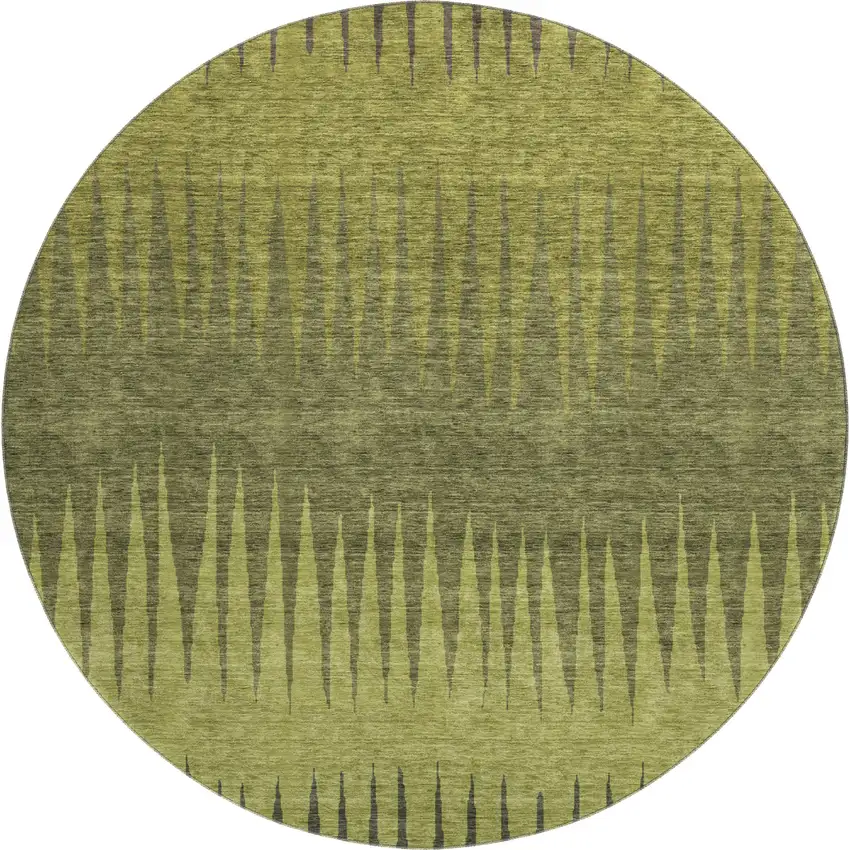 8' Olive Green Gray And Fern Green Striped Washable Round Rug With UV Protection Photo 1