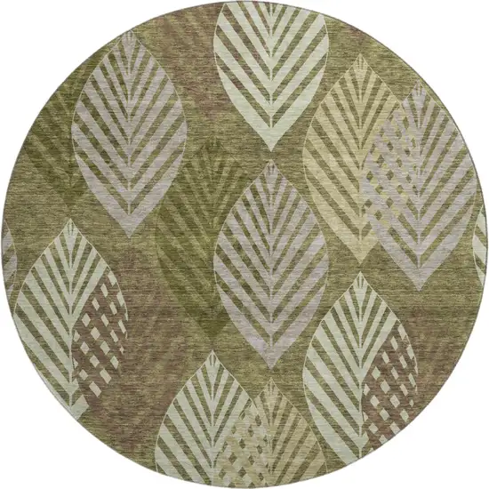 8' Olive Green Gray And Gold Floral Washable Round Rug With UV Protection Photo 1