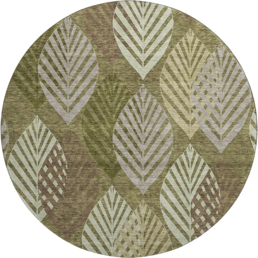 8' Olive Green Gray And Gold Floral Washable Round Rug With UV Protection Photo 1