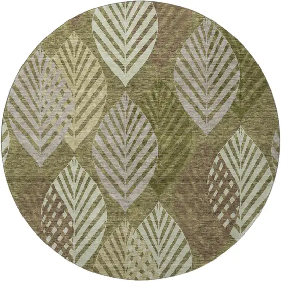 8' Olive Green Gray And Gold Floral Washable Round Rug With UV Protection Photo 3