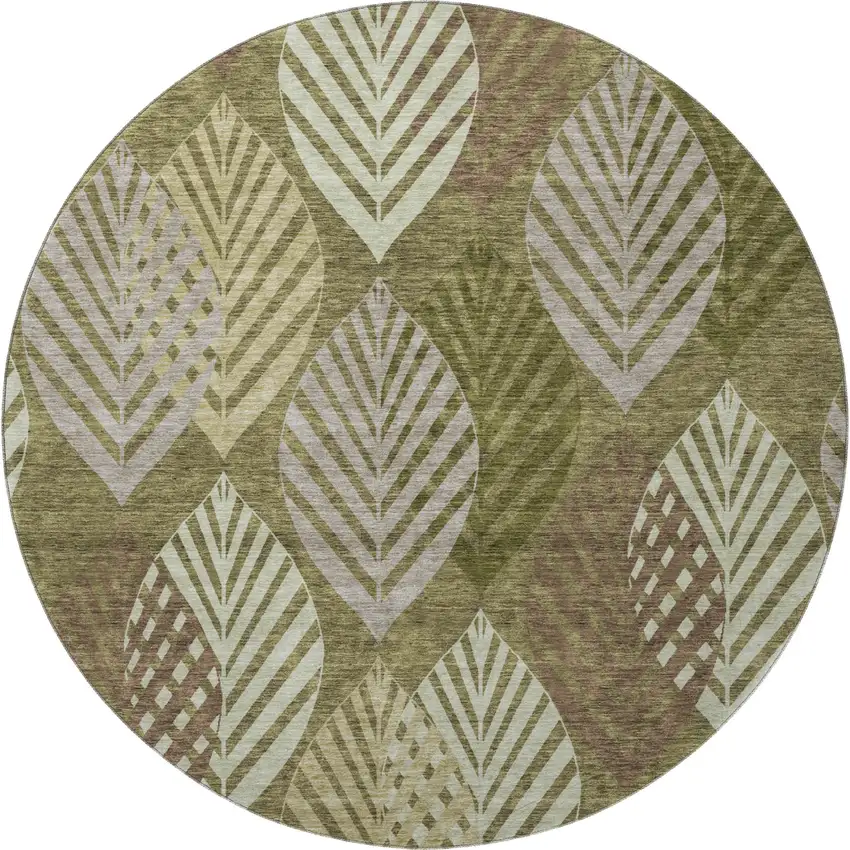 8' Olive Green Gray And Gold Floral Washable Round Rug With UV Protection Photo 3