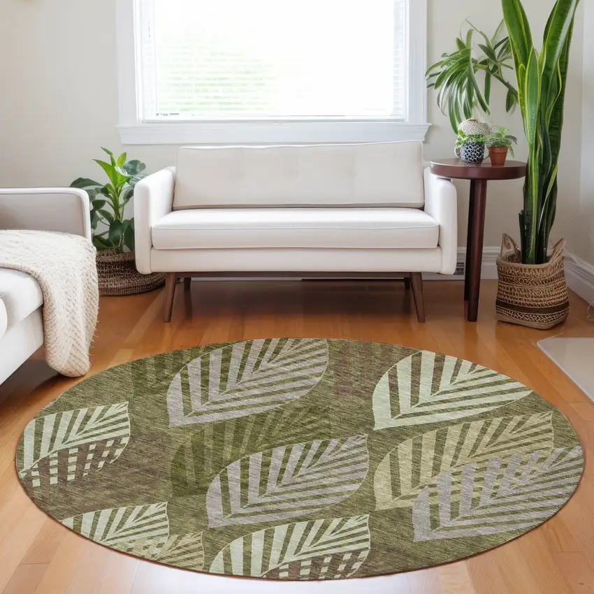 8' Olive Green Gray And Gold Floral Washable Round Rug With UV Protection Photo 4