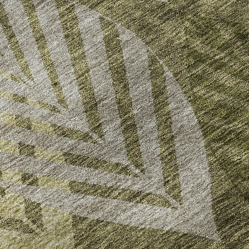 8' Olive Green Gray And Gold Floral Washable Round Rug With UV Protection Photo 8