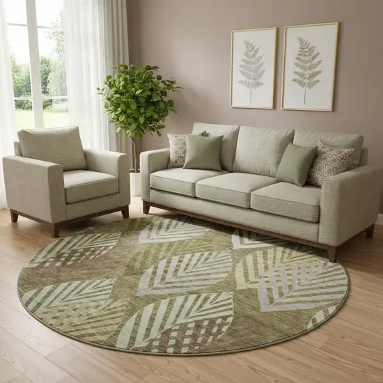 8' Olive Green Gray And Gold Floral Washable Round Rug With UV Protection Photo 1