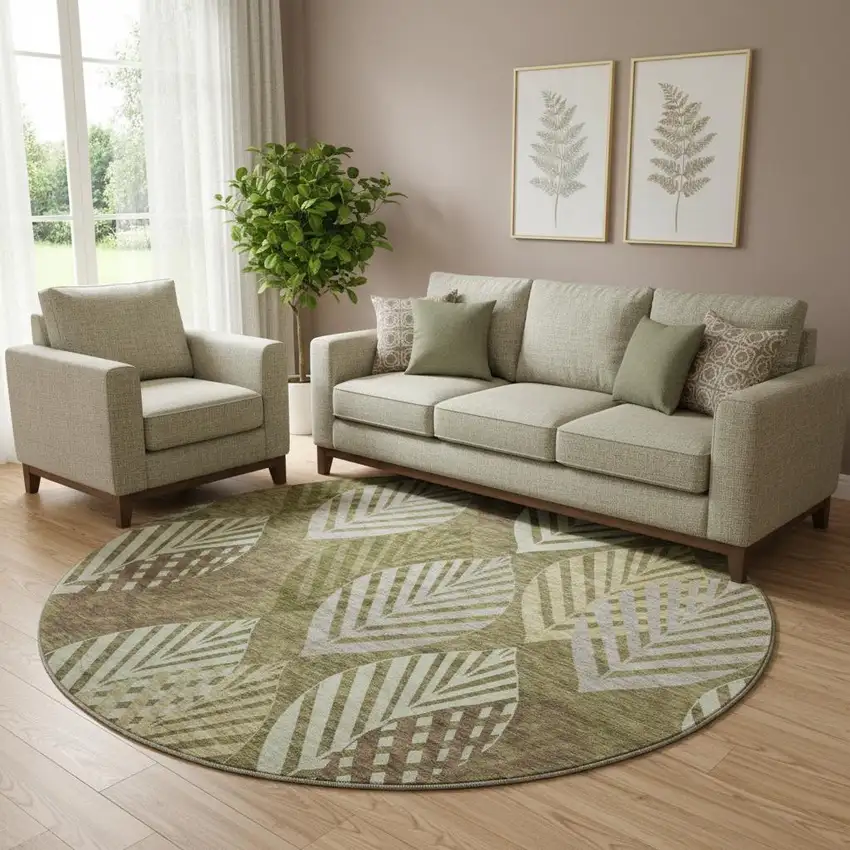 8' Olive Green Gray And Gold Floral Washable Round Rug With UV Protection Photo 1