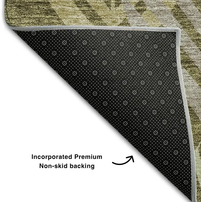 8' Olive Green Gray And Gold Floral Washable Round Rug With UV Protection Photo 5