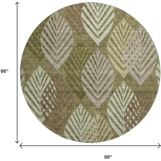 8' Olive Green Gray And Gold Floral Washable Round Rug With UV Protection Photo 9
