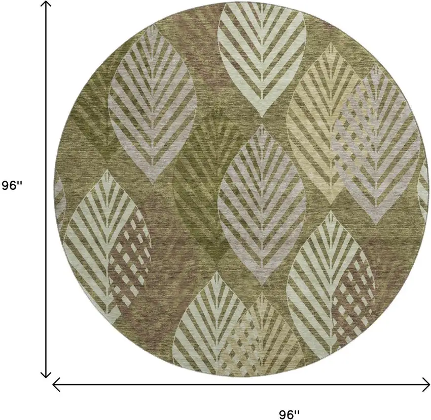 8' Olive Green Gray And Gold Floral Washable Round Rug With UV Protection Photo 9