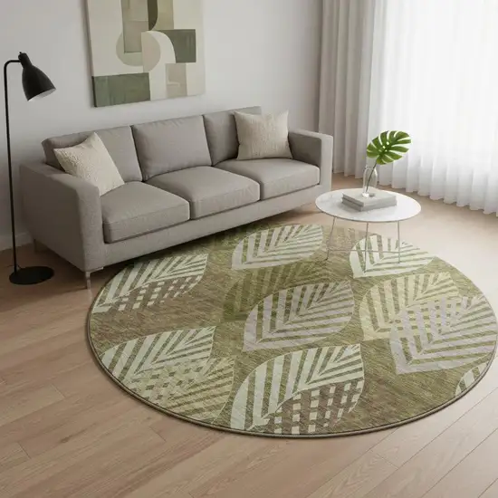 8' Olive Green Gray And Gold Floral Washable Round Rug With UV Protection Photo 2
