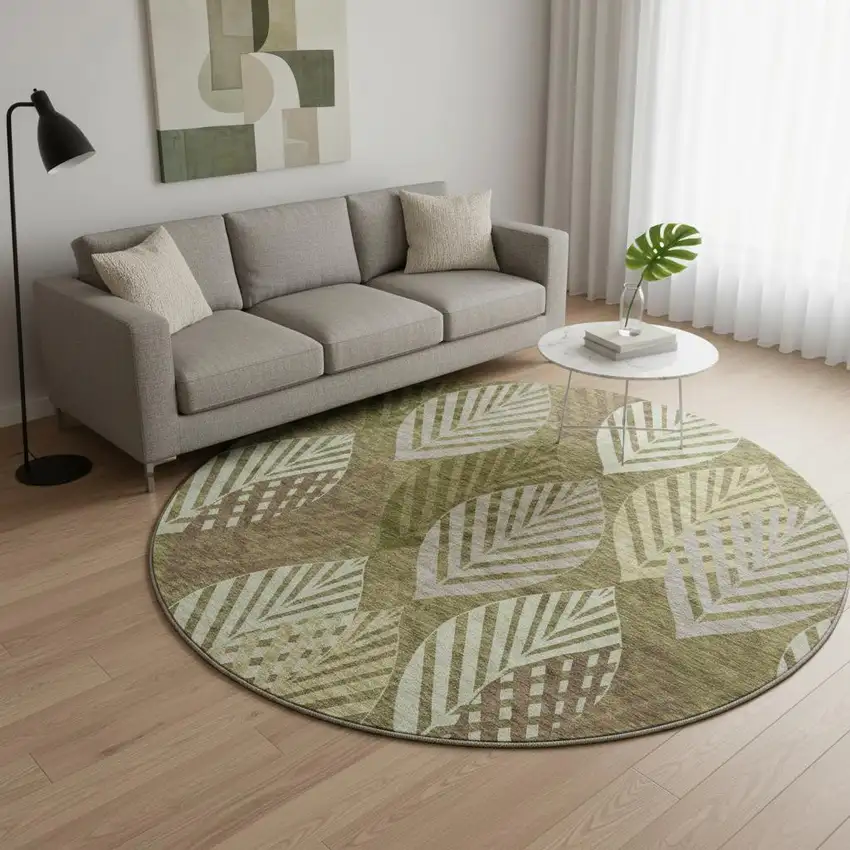 8' Olive Green Gray And Gold Floral Washable Round Rug With UV Protection Photo 2