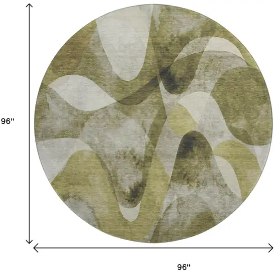8' Olive Green Gray And Ivory Abstract Washable Round Rug With UV Protection Photo 9