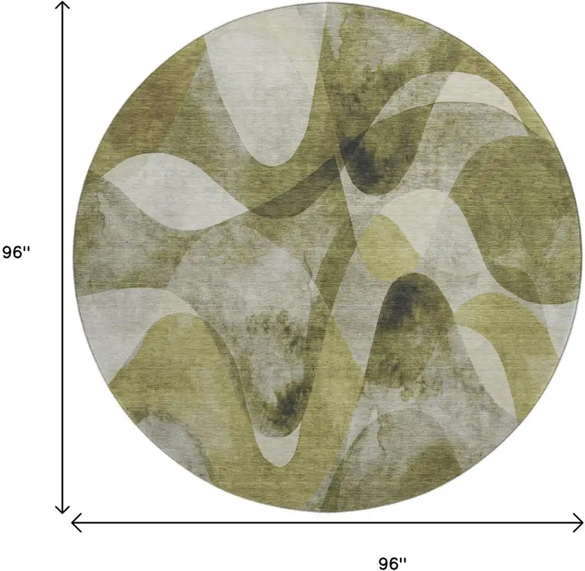 8' Olive Green Gray And Ivory Abstract Washable Round Rug With UV Protection Photo 9