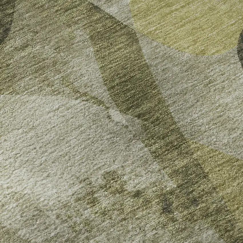 8' Olive Green Gray And Ivory Abstract Washable Round Rug With UV Protection Photo 9