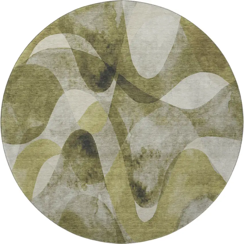 8' Olive Green Gray And Ivory Abstract Washable Round Rug With UV Protection Photo 4