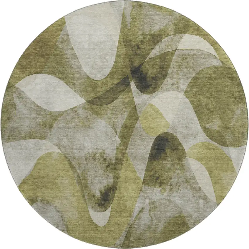 8' Olive Green Gray And Ivory Abstract Washable Round Rug With UV Protection Photo 1