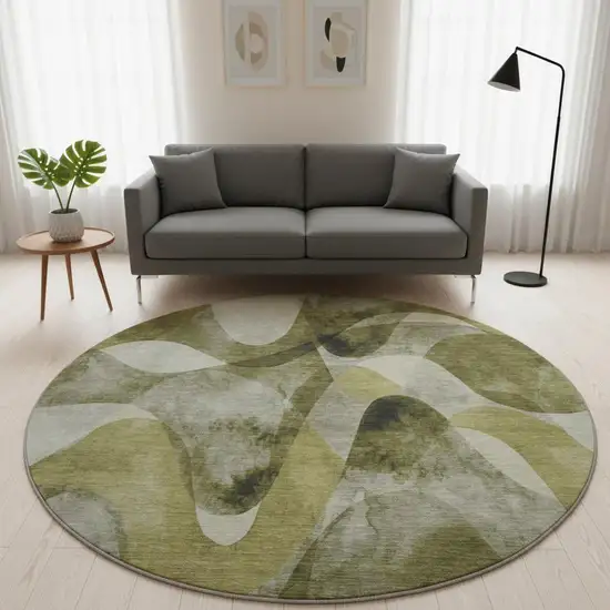 8' Olive Green Gray And Ivory Abstract Washable Round Rug With UV Protection Photo 2