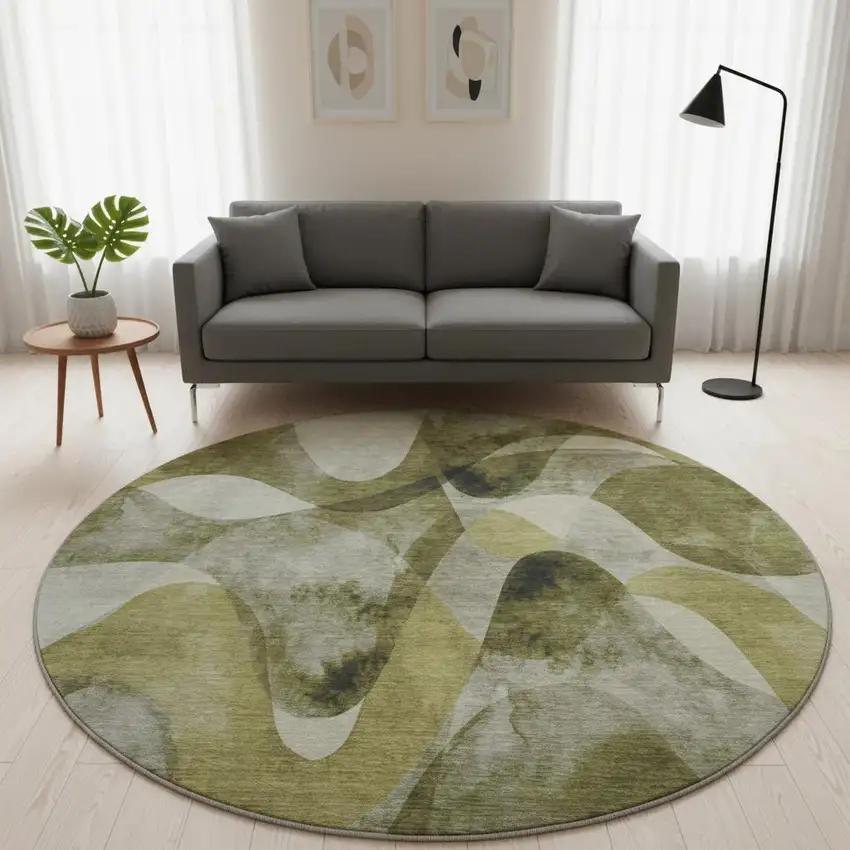 8' Olive Green Gray And Ivory Abstract Washable Round Rug With UV Protection Photo 2