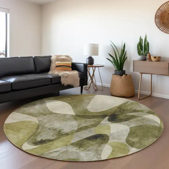 8' Olive Green Gray And Ivory Abstract Washable Round Rug With UV Protection Photo 5