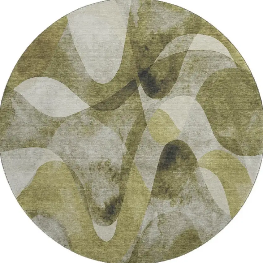 8' Olive Green Gray And Ivory Abstract Washable Round Rug With UV Protection Photo 3