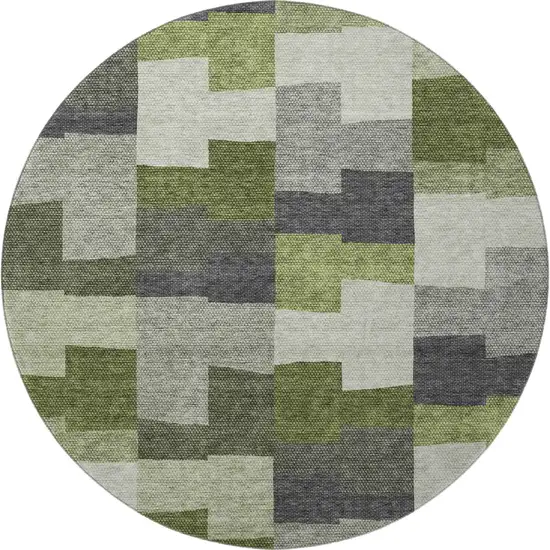 8' Olive Green Gray And Ivory Geometric Washable Round Rug With UV Protection Photo 4