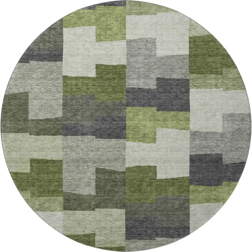 8' Olive Green Gray And Ivory Geometric Washable Round Rug With UV Protection Photo 4