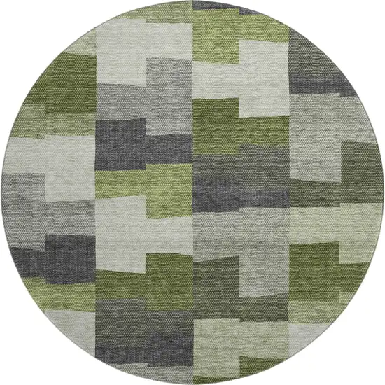 8' Olive Green Gray And Ivory Geometric Washable Round Rug With UV Protection Photo 1