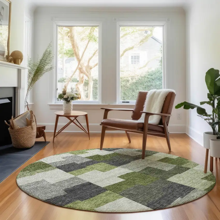 8' Olive Green Gray And Ivory Geometric Washable Round Rug With UV Protection Photo 5