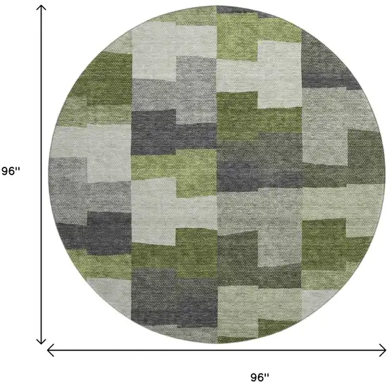 8' Olive Green Gray And Ivory Geometric Washable Round Rug With UV Protection Photo 3